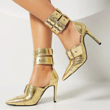 Women's Denim Leather Buckle Single Shoes Slim High Heels Pointed Sandals MartLion golden 48 