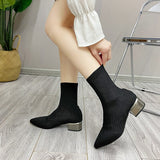 Women's Dress Pointed Mid-heeled Short Ankle Female Autumn Knitted Block Low Heel High Socks Boots Shoes Mart Lion   