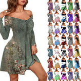  Midi Dresses Above Knee Spring Dress Women V-Neck Long Sleeves Printed Frocks For Girls Robe Hiver Femme MartLion - Mart Lion