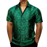 Barry Wang Men's Shirts Short Sleeve Silk Embroidered Red Green Blue Purple Gold Paisley Slim Fit Casual Blouses Lapel Tops MartLion 0222 S 