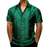 Barry Wang Men's Shirts Short Sleeve Silk Embroidered Red Green Blue Purple Gold Paisley Slim Fit Casual Blouses Lapel Tops MartLion