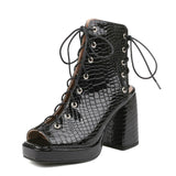 Women Shoes High Heels Open Toe Gladiator Sandals Serpentine PU Leather Comfort Square Thick Sole Platform Mart Lion Black 34 