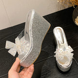 Liyke PVC Transparent Slippers Women Fashion Crystal Bowknot Summer Designer Slides Shoes High Heels Platform Wedge Sandals Mart Lion   