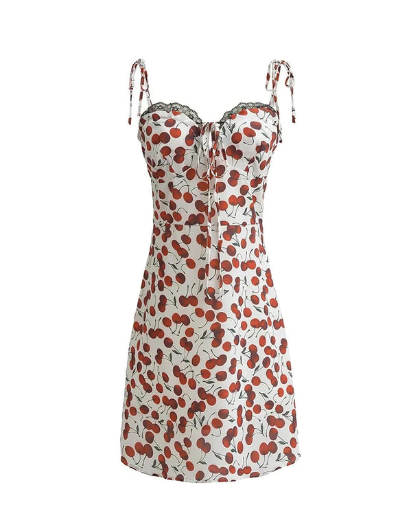 Summer Cherry Print Mini Dress Women Lace Slim Dresses MartLion   