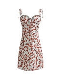 Summer Cherry Print Mini Dress Women Lace Slim Dresses MartLion   