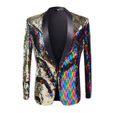 Men's Luxury Wave Striped Gold Sequin Blazer Jacket Shawl Lapel One Button Shiny Wedding Party Suit Dinner Tuxedo Mart Lion Pattern 4 US XS 