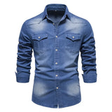 Brand Elastic Cotton Denim Shirt Men's Long Sleeve Cowboy Shirts Casual Slim Fit Designer Clothing MartLion MiddleBlue USA S 50-60 kg 