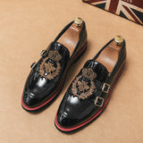 Loafers Men's PU Shallow Embroidery Applique Belt Buckle Slip-On Casual Shoes Low Heel Classic MartLion Black 41 