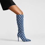 Dance Boots Plaid Denim Blue Cloth Women's Boots 10cm High Heels Latin Rubber Hard Sole Jazz Modern MartLion   