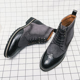 Men's Classical Retro Carved Brogue Leather Boots Suede Ankle Lace-up Short Martin High-Top Shoes Mart Lion Black Gray 38 (US 6) China