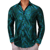 Luxury Shirts Men's Silk Long Sleeve Red Green Paisley Slim Fit Blouses Casual Formal Tops Breathable Barry Wang MartLion 0098 S 