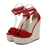 Liyke Summer Cross Ankle Strap Platform Wedge Sandals Design Pleated Open Toe 14CM High Heels Shoes Women Sandalias Red MartLion Red 35 