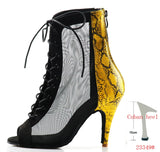 Women's Latin Dance Shoes Belly Dance Boots, Professional Ballroom Yellow Snake Print PU and Black Velvet Black Mesh MartLion HEEL  10cm 1 3.5 