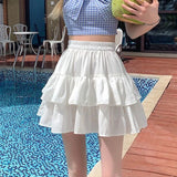 Pleated Skirt Women White Ruffle Sweet Pretty Style Skirt Elastic Waist Summer Slim Basic Dress MartLion   