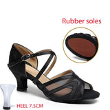Black Mesh Latin Dance Shoes Hollow Breathable Indoor Dance Training High-heeled Sandals Tango Jazz Party Ballroom Performance MartLion Rubber soles 7.5cm 43 