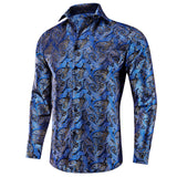  Silk Navy Blue Men's Shirts Long Sleeve Single Breasted Windsor Collar Casual Blouse Outerwear Wedding MartLion - Mart Lion