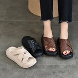 Platform slippers women wear cross-strap flip-flops summer casual 100 bypass head layer cowhide open-toe MartLion   