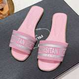 Slippers for Women Wearing on The Outside Round Toe Flat Bottomed Embroidered Letter One Line Beach Sandals for Summer MartLion Pink 38 