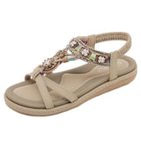 Summer Beach Sandals Casual Bohemia Flat Shoes Woman Crystal Bead Sweet MartLion apricot 40 