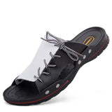 Leather Summer Men's Flip Flops Beach Sandals Non-slip Male Slippers Zapatos Hombre Casual Shoes Mart Lion White Black 6.5 China