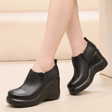 Genuine Leather Women Shoes  Spring Autumn Slip-On High Heels Round Toe Casual Slope Heel Ladies Platform MartLion   