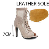 Latin Stiletto Women's Dance High-heeled Shoes Shoes Outer Large Mesh Boots Fish Mouth Modern MartLion Beige 7cm leather 43 