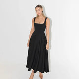 Square Collar Maxi Dress For Women Black Spaghetti Strap  Waist Dress Female Slim Elegant Party Clubwear MartLion   