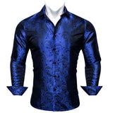 Luxury Shirts Men's Silk Embroidered Blue Paisley Flower Long Sleeve Slim Fit Blouses Casual Tops Lapel Cloth Barry Wang MartLion 0602 S 