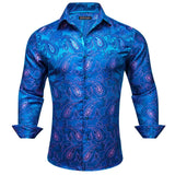 Elegant Men's Shirts Silk Long Sleeve Blue Flower Slim Fit Casual Lapel Tops Breathable Single Breasted Barry Wang MartLion   