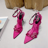 Liyke Summer Crystal Buckle Designer High Heels Sandals Women Pointed Open Toe Ankle Strap Wedding Dance Shoes Lady Mart Lion   
