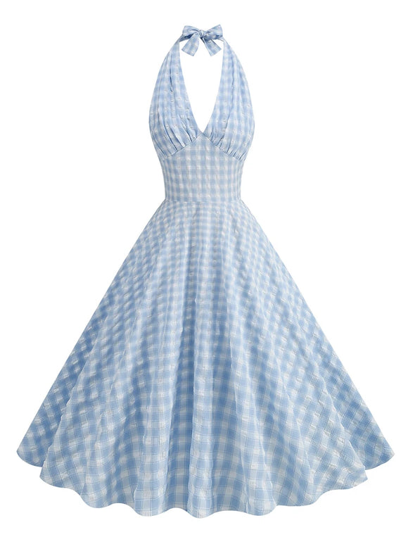 White Plaid Vintage Holiday Women Summer Dresses MartLion Blue M 