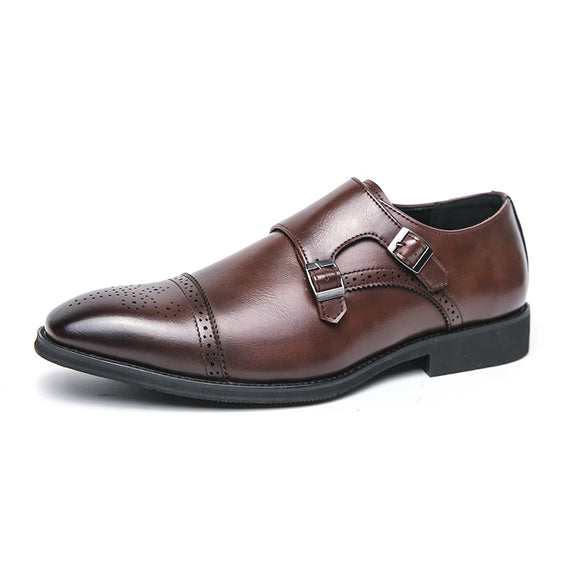 Formal Shoes Men's Solid Color Block Hollow Carved Trendy Double Buckle Pointed Leather MartLion Brown 40 