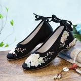 Satin Fabric Embroidered Women Ankle Strap Ballet Flats Vegan Elegant Ladies Walking Shoes Black White Gray MartLion   