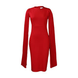 Temperament Casual Slim Fit Office Dress  Sleeved Solid Color Mid Dress Women Clothing MartLion Red XXXL 