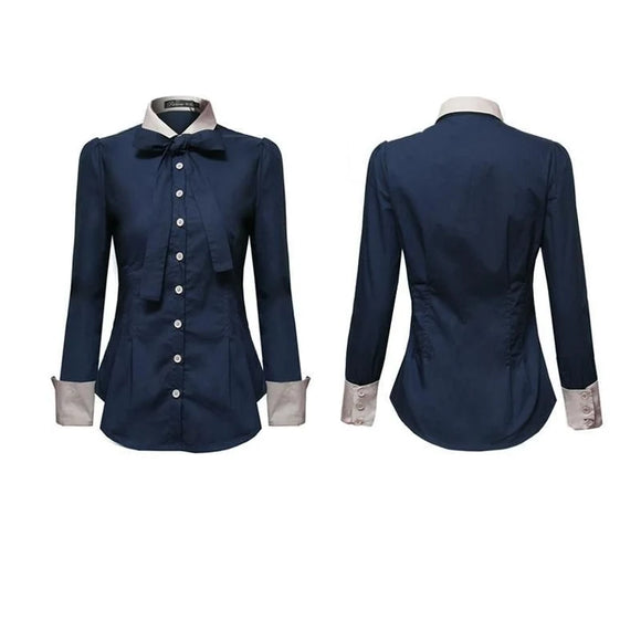 Contrast Patchwork Shirt Tops Long Sleeve Polo Sleeve  Blouse Elegant  Women Clothing MartLion   