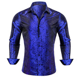Luxury Shrits Men's Sky Roal Blue Navy Embroidered Paisley Long Sleeve Casual Slim Fit Blouses Lapel Barry Wang MartLion 0602 S 