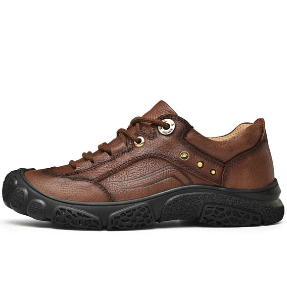 Golden Sapling Genuine Leather Shoes Men's Outdoor Trekking Casual Mountain Footwear Leisure Flats Platform Work Flat MartLion Dark Brown 38 