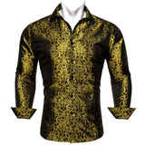 Designer Men's Shirts Silk Gold Embroidered Paisley Flower Long Sleeve Casual Blouses Slim Fit Clothing Lapel Tops Barry Wang MartLion 0643 S 