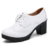 Women Pumps Shoes T High Heels Brogue High Square Heel Genuine Leather Wedge Richelieu MartLion 768-White 37 