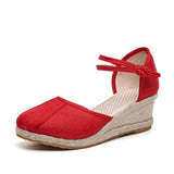 Patchwork Women Linen Cotton 6cm High Wedge Espadrilles Sandals Summer Elegant Ladies Ankle Strap Closed Toe Hemp Shoes MartLion   