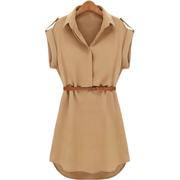 Short Sleeve Dress Tunic Shirt Collar Dresses Women Casual Loose  Dress With Belt Solid Color Casual Short Sleeve Skirt MartLion   