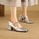 Summer Brown Gold Women Pumps Square Toe High Heels Lady Casual Shoes MartLion Silver 4 