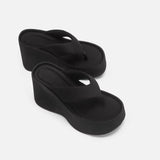 Small height increase thick-soled flip-flops female summer outside wearing pinch-foot leather sponge slippers MartLion   