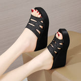Women's Slides Ladies Slippers Summer Shoes Wedges High Heel 6.5 Cm Sequin Cow Leather