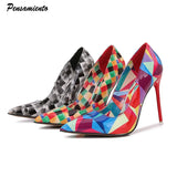 Geometry Plaid Printed Patent leather Women Pumps Elegant Pointed toe Stiletto High Heels Spring Autumn Office Lady Shoe MartLion   