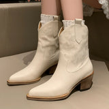 Autumn And Winter Boots Cowhide Material Square Heel Calf Height Women's Shoes Pointed MartLion   