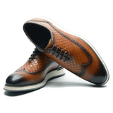Men's Casual Sneaker Shoes Real Cow Leather Flat Oxfords Lace-up Snake Pattern Wing Tip Toe Brogue Footwear MartLion   