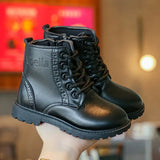 Kids Casual Boots PU Leather Black Zipper for Boys Girls Cross-tied Children Ankle High Boots Anti-skid Round Toes Soft MartLion