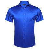 Stretch Satin Blue Men's Short Sleeve Shirts Solid Red Yellow Green Turn-down Collar Casual Social T shirts Clothing MartLion CY-2435 S 