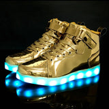 Men's and Women's High Top Board Shoes Children's Luminous LED Light Shoes Mirror Leather Panel MartLion Gold037 44 